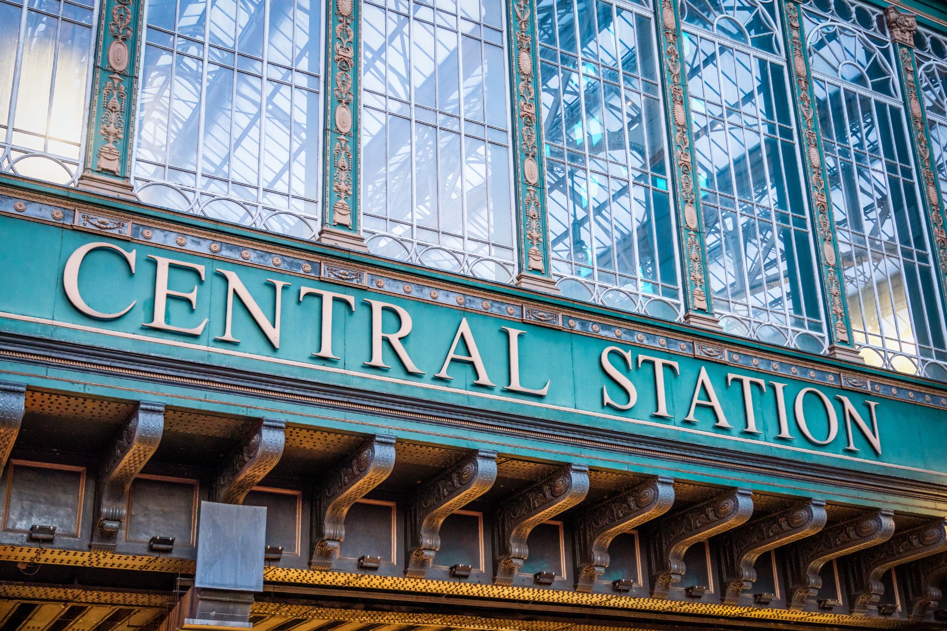 Glasgow Central Station sign above Argyll Street in the city centre, highlighting a key transport landmark