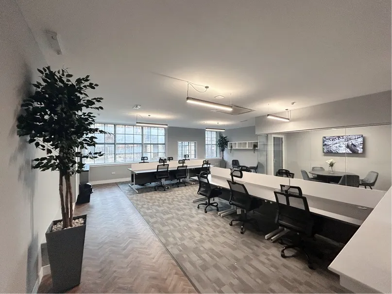 Suite 3 at Kollaborate House with desks, a screen and a large plant