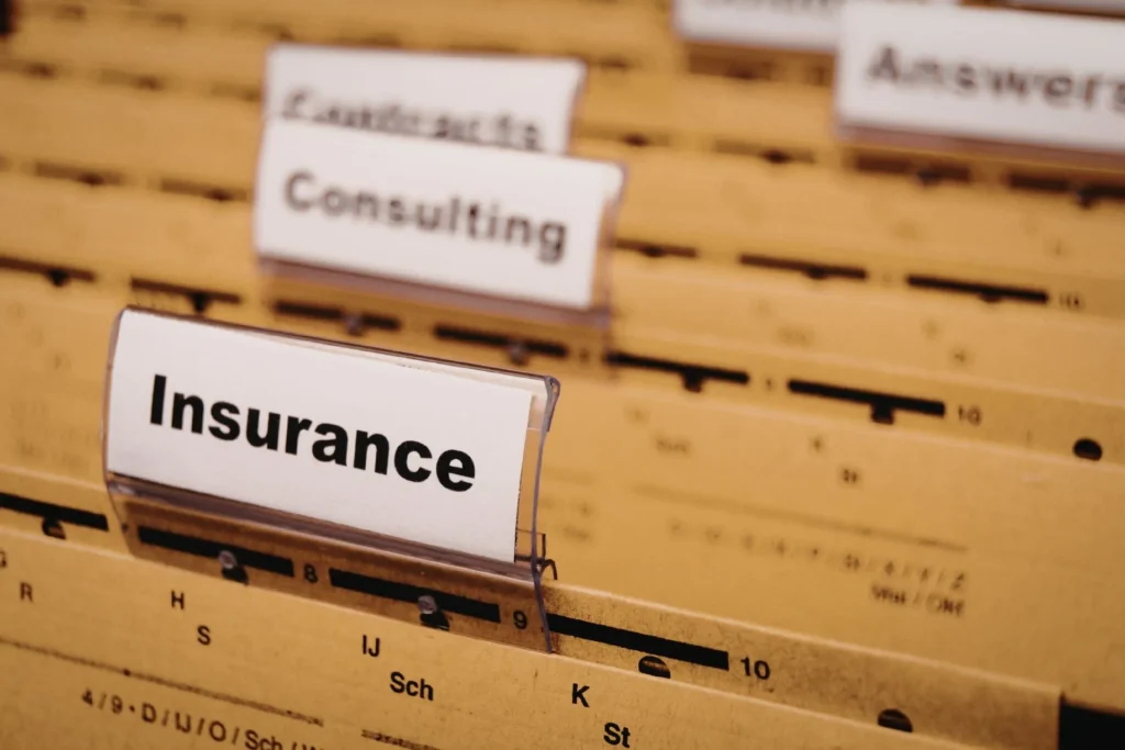 Organized office filing system with insurance label