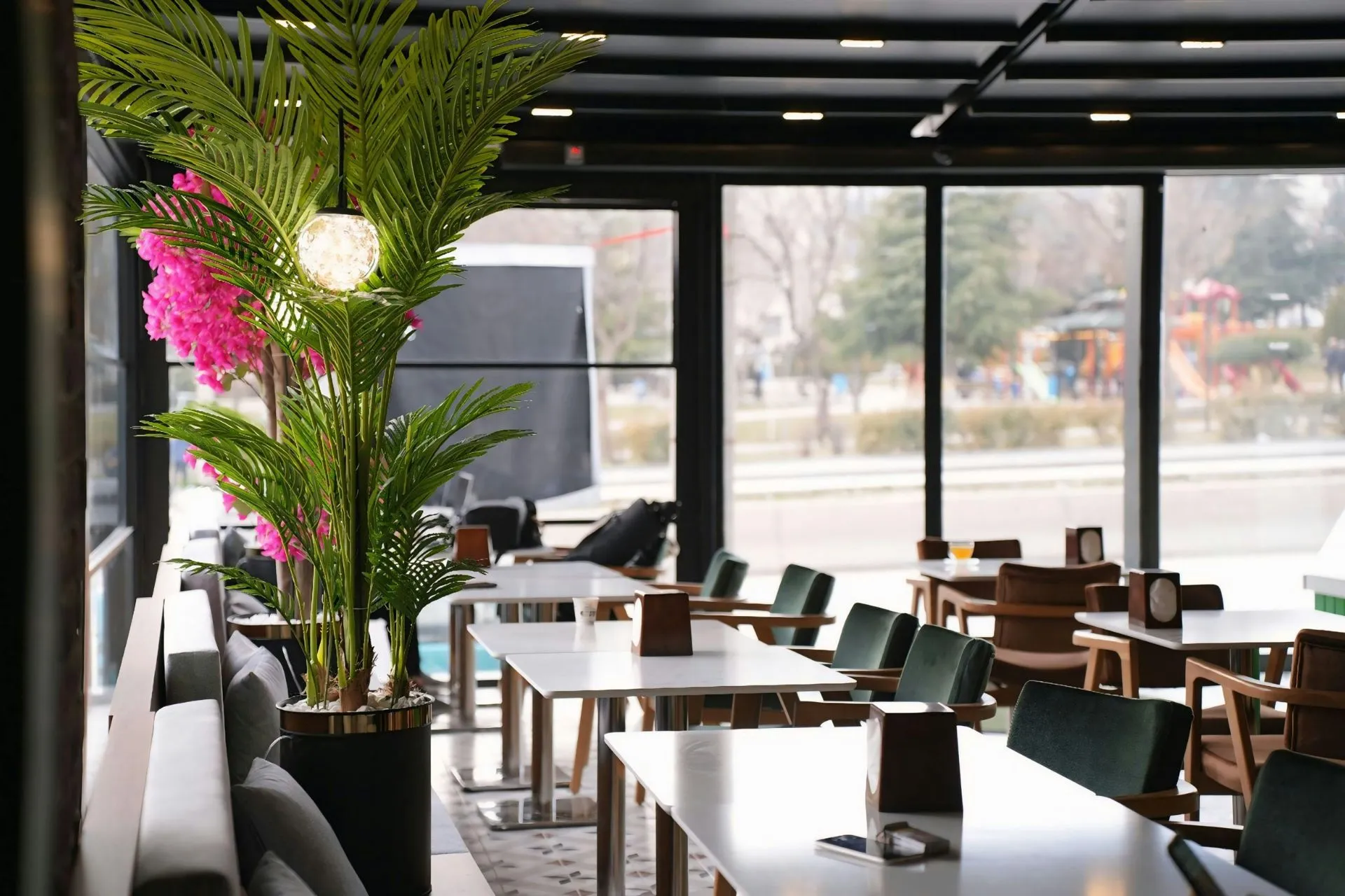 Interior of a café with flexible seating and layout