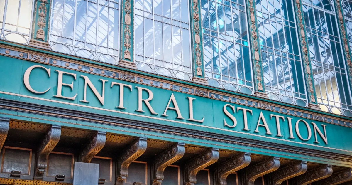 Glasgow Central Station sign above Argyll Street in the city centre, highlighting a key transport landmark