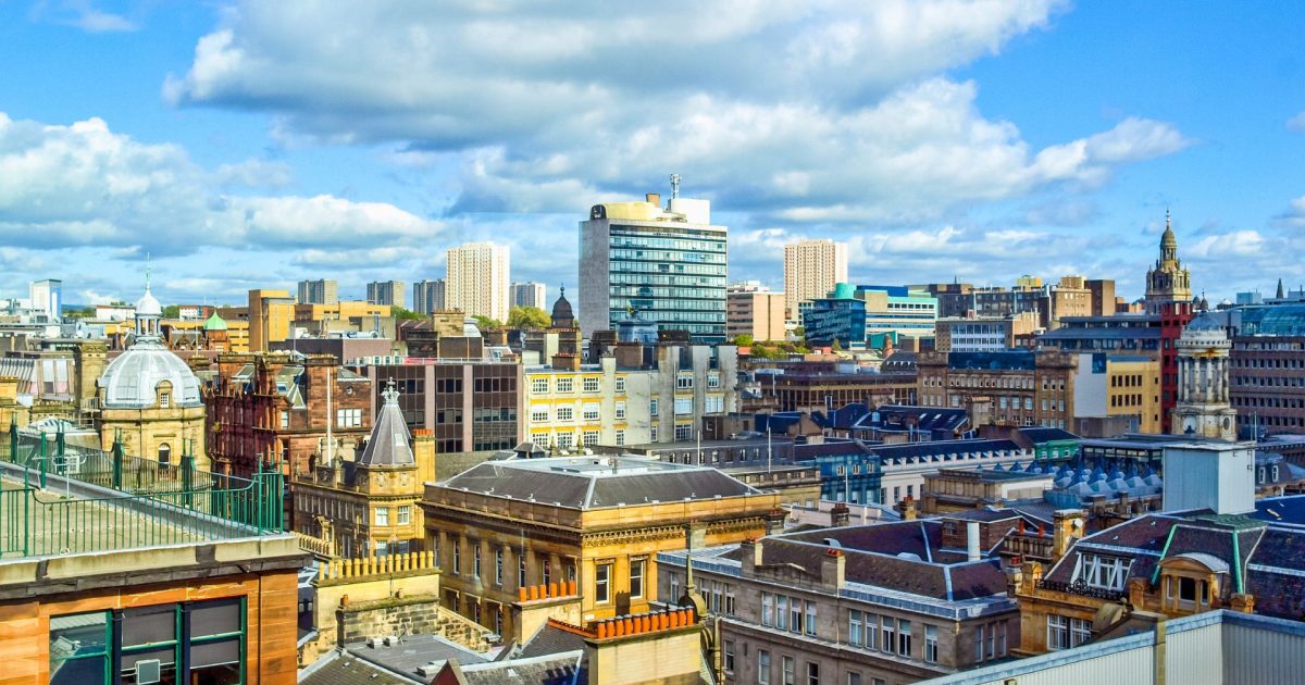 Aerial view of Glasgow city centre office buildings during the day